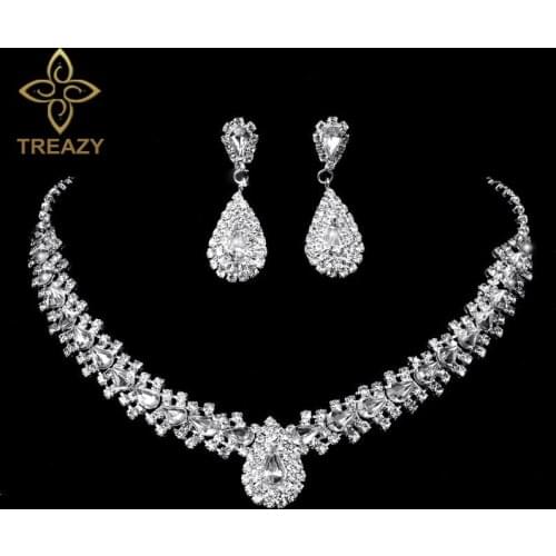 TREAZY Sparkling Rhinestone Crystal Teardrop Design Wedding Bridal Jewelry Set Silver Plated Women Choker Necklace Earrings Set