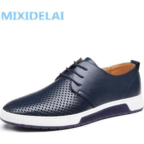 MIXIDELAI New Summer Breathable Holes Soft Male Casual Leather Shoes Adult Luxury Brand Flat Footwear Comfortable Shoes For Men