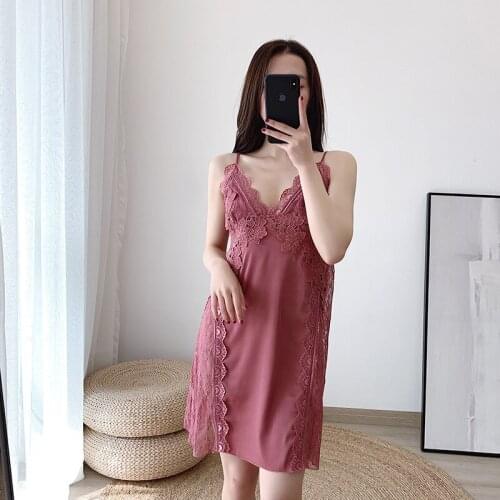 Sexy Nightdress for Women Spaghetti Strap Night Gown Lace Embroidery Sleep Tops Satin Lingerie Comfort Homewear V-Neck Sleepwear