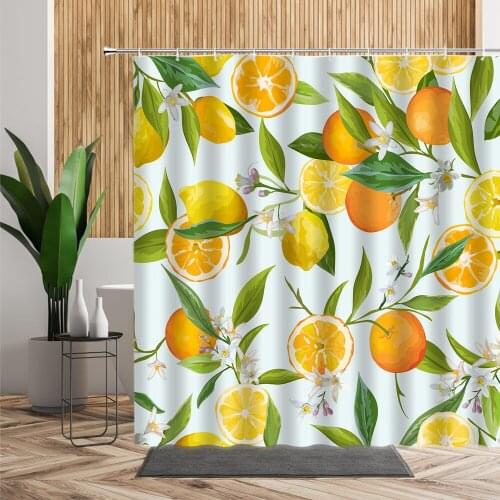 Natural Lemon Shower Curtains For Bathroom Kitchen Decor Flower Orange Lemons Printing Fabric Bath Curtains Waterproof Polyester
