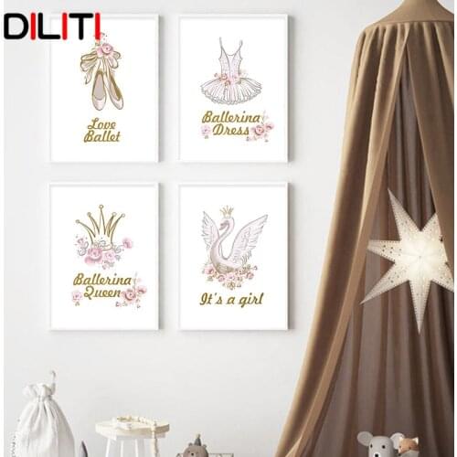 Cartoon Ballet Girl Canvas Painting Poster Nursery Wall Art Swan Skirt Toes Shoes Print Pictures for Baby Girl Room Decoration