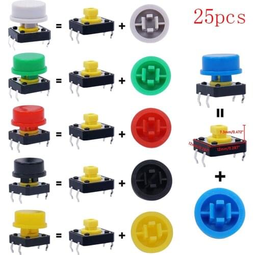25pcs 12x12x7.3 Mm Tact Tactile Push Button Switch 4 Pin with Multi-color Switch Cover PCB with For Arduino