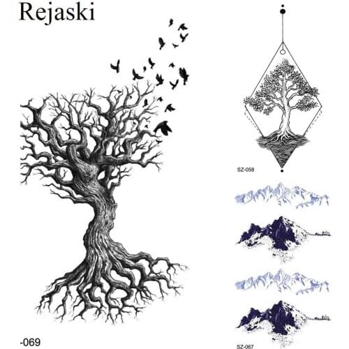 Rejaski Black Tree Branch Temporary Tattoo Stickers Women Arm Art Birds Waterproof Tatoos Men Sexy Geometric 3D Hill Fake Tattoo