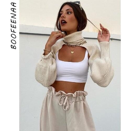 BOOFEENAA Lantern Long Sleeve Turtleneck Cropped Sweaters Knitted Pullover Autumn Winter 2020 Fashion Jumper Crop Top C88-CB24