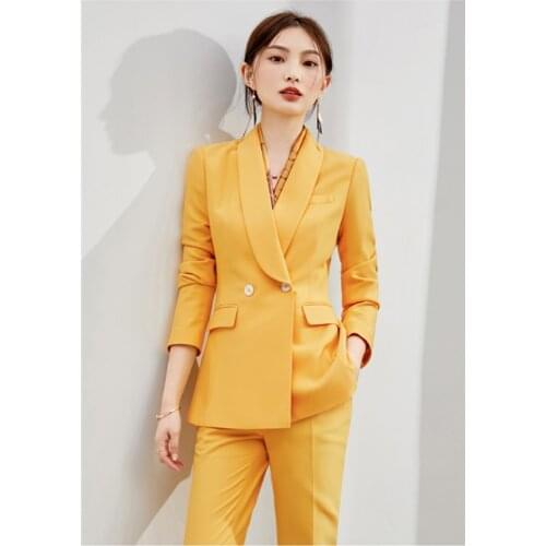 Women Suits 2 Pcs Yellow Women Business Jacket+Pants PantsuitsFormal Ladies Pant Suits Office Female Trouser PantSuit