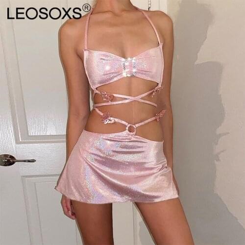 Womens Dress Sets Backless 2 Pieces Sleeveless Halter Crop Top And Short Skirt Suits Sexy Two Piece Set Vacation Outfits Pink