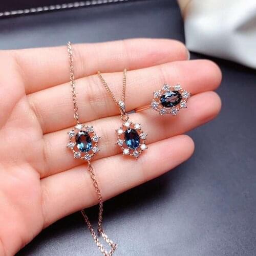 Blue Topaz Flower Bracelet Ring Pendant Necklace Set S925 Pure Silver Fine Fashion Luxurious Jewelry for Women MeiBaPJFS