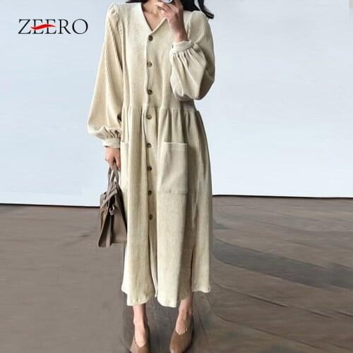 Plus Size Korean Women Fall Winter Vintage Long Dress Elegant Full Sleeve Pockets Single Breasted Casual Corduroy Dress Vestidos