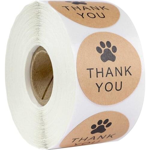 500 Sheets/Roll 1 Inch Natural Kraft Paper Dog Paw Print Thank You Sticker For Gift Envelope Packaging Stationery Sticker
