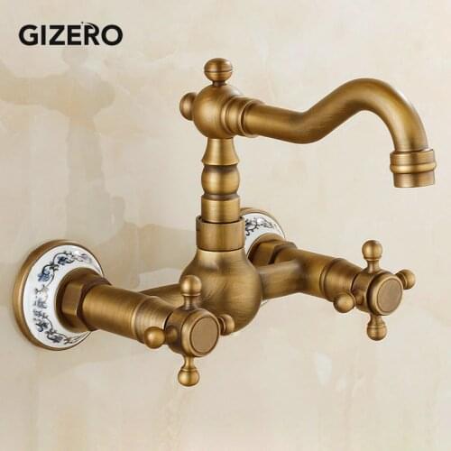 Antique Copper Double Handle Swivel Spout Kitchen Mixer Faucets Solid Brass Basin Mixer Faucet with Ceramic Crane ZR189