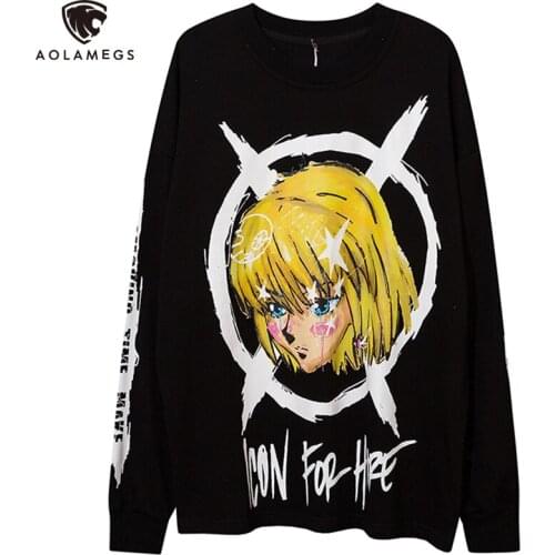 Aolamegs Sweatshirts Men Cartoon Comics Girl Pullover Baggy Cozy O-Neck Tops Japanese Hipster Harajuku Varsity Streetwear Couple