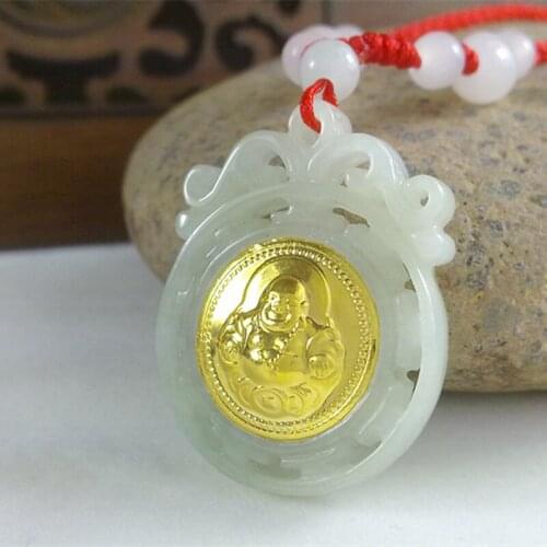 White Hetian Hot Sales Buddha Gold Jade Necklace Unisex Good Quality Circle Style Jade Pendants For Men Women