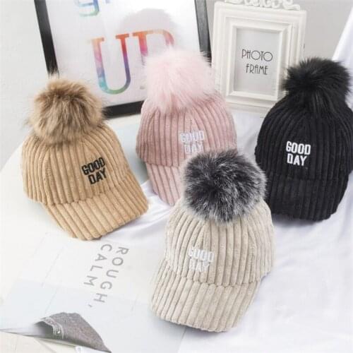 2021 Lovely Toddler Baseball Caps Lightweight Letter Embroidery Corduroy Trucker Hat with Pom Pom 2-8 Years
