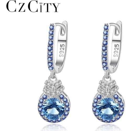 CZCITY Small Blue Hoop Earrings for Women Dating Party 100% 925 Sterling Silver Drop Water Shape Earring Jewelry Gifts SE0226