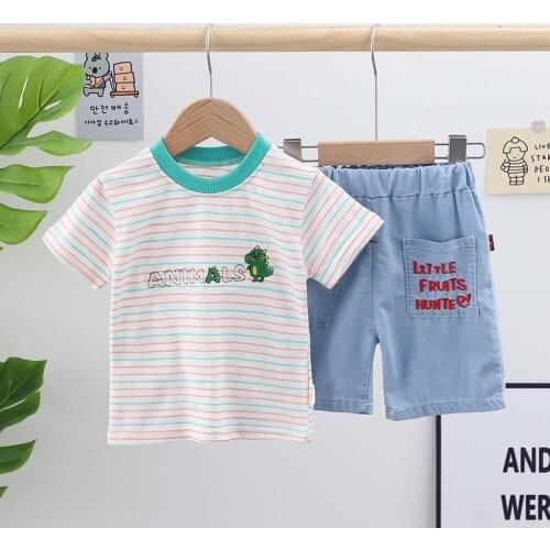 Children Cotton Clothes Baby Boys Cartoon Strips Animal T-shirt Denim Shorts 2Pcs/sets Infant Kids Fashion Toddler Tracksuits