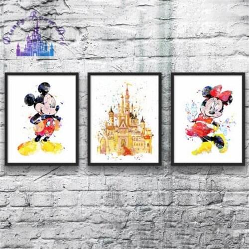 Disney Cartoon Canvas Painting Mickey and Minnie Watercolor Art Print Castle Movie Poster Nursery Decor Kids Room Decor Wall Art
