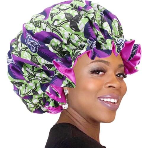 African Ankara Pattern Print Bonnet Night Sleep Cap Big Size Double Layer Satin Turban Women Hair Care Soft Hats Chemo Headwear