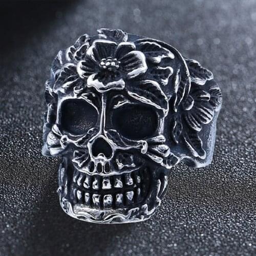 Stainless Steel Flower Skull Ring Mens Women Fashion Cool Flowers Demon Skulls Biker Rings