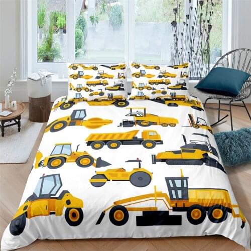 Excavator Tractor Comforter Cover Cartoon Machinery Bulldozer Pattern Bedding Set For Kids Boys Duvet Cover With Pillowcases