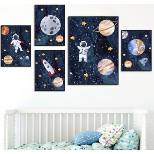 Space Astronaut Rocket Planet Moon Sun Wall Art Print Canvas Painting Nordic Poster Nursery Wall Pictures Baby Kids Room Decor