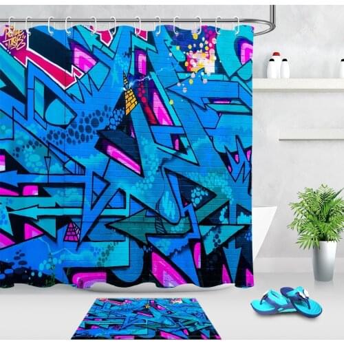 Abstract Wall Graffiti Shower Curtain Set with Rug Bathroom Waterproof Eco-Friendly Polyester Fabric For Boy Man Bathtub Decor