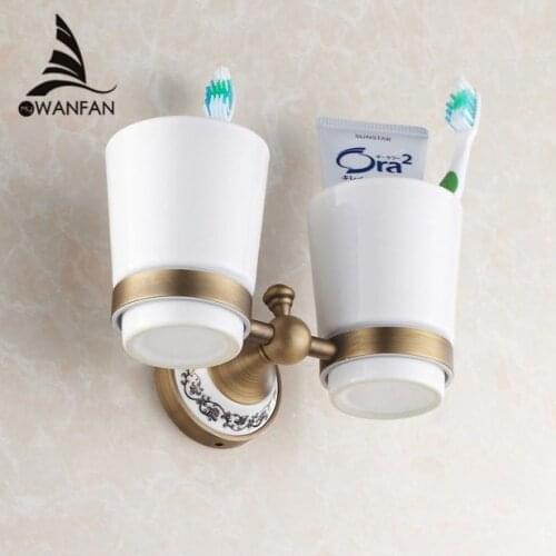 Cup & Tumbler Holders Antique Brass Toothbrush With 2 Cups Holder Wall Mounted Bathroom Accessories Toothpaste Holder HJ-1803F