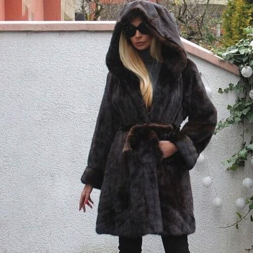 FURSARCAR New Fashion Natural Real Brown Mink Swinger Coat With Large Hood For Women Luxury Long Winter Genuine Fur Jacket