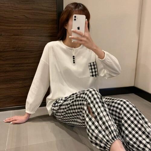 2021 Autumn Cotton Long Sleeve Pajama Sets for Women Casual Plaid Pants Sleepwear Suit Pyjama Homewear Pijama Mujer Home Clothes
