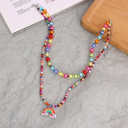Y2K Boho Acrylic Colorful Beads Rainbow Pendant Necklace For Women Girl Ball Choker Necklaces Set Summer Statement Party Jewelry