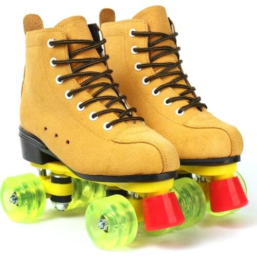 Artificial Leather Roller Skates Yellow Two Line Skating Shoes Women Men Adult Double Line Skates Patines With Cowhide 4 Wheels
