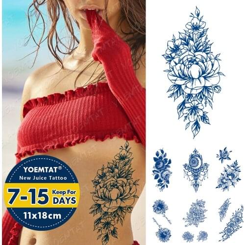 Juice Lasting Waterproof Temporary Tattoo Stickers Chrysanthemum Rose Peony Flower Flash Tattoos Woman Ink Body Art Fake Tatto