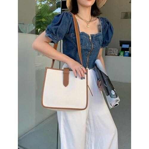 Tote Bag Womens New Fashion Hit Color Womens Leather Shoulder Bag Simple Hundred Canvas Womens Bag Broadband Stiletto Bag