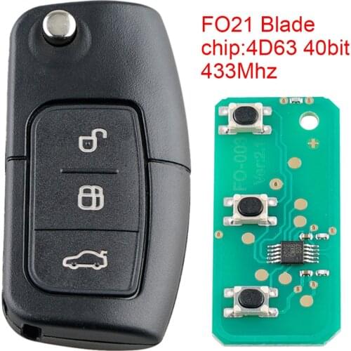 3 Buttons 433Mhz Universal Black Smart Remote Car key with 4D63 80Bit Chip and FO21 Blade Fit for Ford MondeFIESTA S MAZ GALAXY