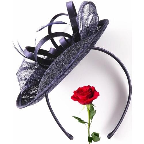 Hot Sale Fascinator Cocktail Hats For Women Elegant Navy Blue Feather Hat Vintage Wedding Lady Church Head-mounted Fedoras Cap