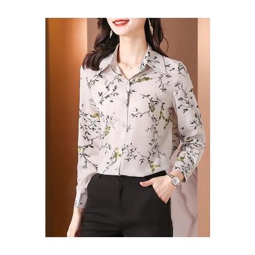 Women Shirt 2021 Elegant Grey-bottomed Winter Plum 100% Silk Shirt