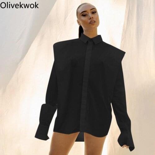 Olivekwok Woman Fashion Solid Shoulder Pad Shirts Long Sleeve Turn-down Collar High Street Casual Female Tops