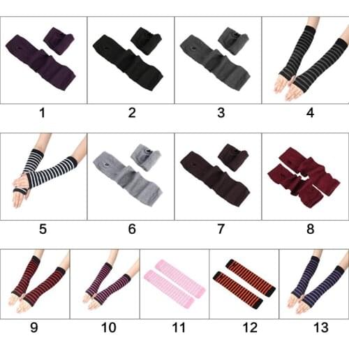 Women Girls Knitted Fingerless Long Gloves Stripes Printed Over Elbow Length Winter Stretchy Arm Warmer Sleeves with Thumb Hole