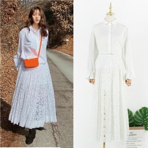 Kpop Seo Yea Ji New Fashion Slim Lapel Long Sleeve White Shirt + Sexy Hollow High Waist Ankle-Length Skirts Women Two Piece Set