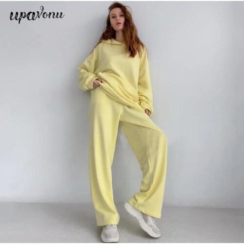 Free Shipping Casual Loose Hooded Sportswear Suit 2021 Ladies O-neck Long Sleeve Pullover Sweater & Straight Pants Two-piece Set