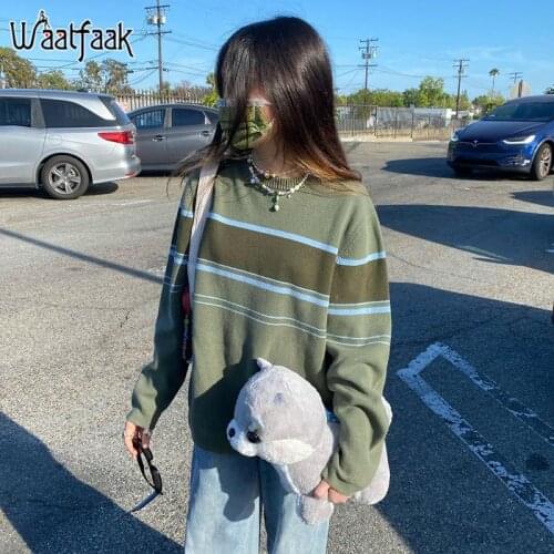 Waatfaak Green Crewneck Oversized Striped Sweater Women Knitwear Grunge Y2K Long Sleeve Top Pull Knitted Sweater Vintage Sweats