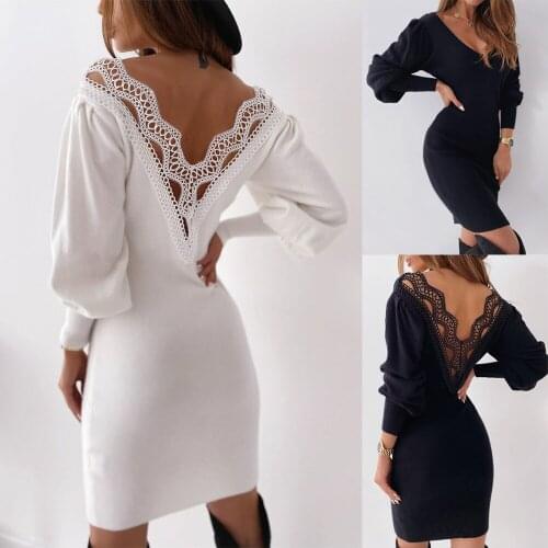 Women Autumn Winter Plush White Black Mini Dress Lace Patchwork Sexy Backless V Neck Slim Package Hip Party Dresses Fall Clothes