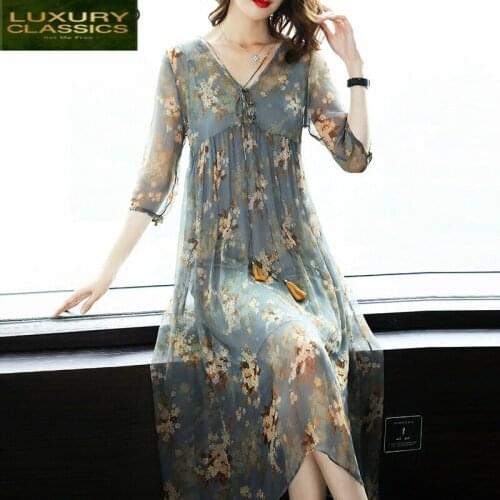Dress Women Silk Summer Print Floral Long Dress Vintage Dresses Maxi Beach Party Dresses Vestidos Verano 2021 LWL1518