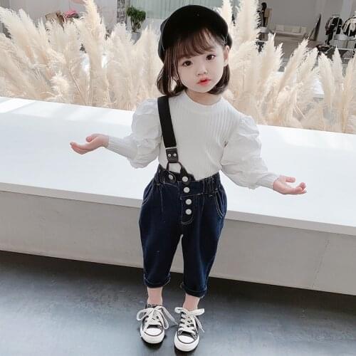 100-140 Cm Spring Autumn Girls Fashion Suit Baby Kids Children Clothing Set Including Puffy Sleeve Top+jeans Pant 2pcs