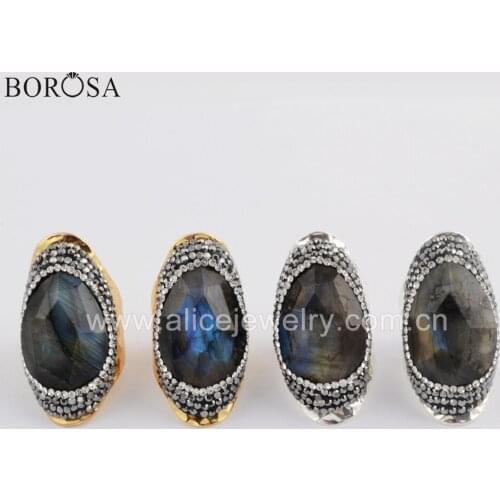 BOROSA 4pcs Teardrop Crystal Rhinestones Faceted Natural Labradorite Wedding Ring Gold-color Jewelry JAB957