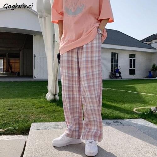 Plaid Casual Pants Women Loose Elastic Waist Ankle-length Wide Leg Trousers Female All-match Vintage Japanese Style Teens Thin