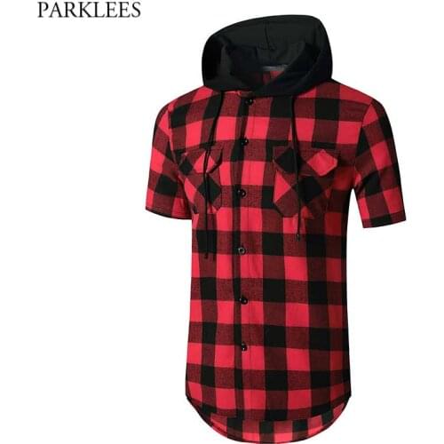 Black Red Plaid Hoodie Shirt Men Double Pocket Western Snap Casual Shirts Mens Short Sleeve Patchwork Streetwear Hoodies Shirts
