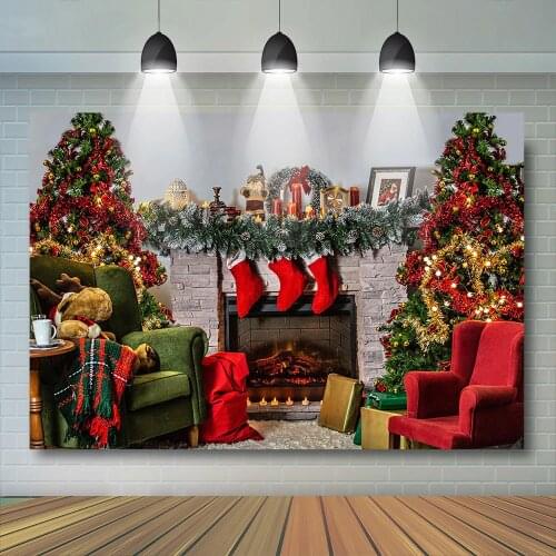 Fireplace Christmas Backdrop Child Photography Props Kids Red Sofa Wreath Socks Birthday Baby Portrait Background Photostudio