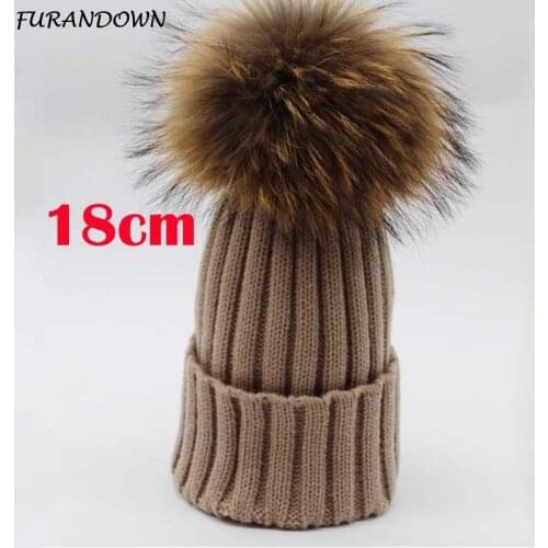 FURANDOWN 2019 Big 18cm Real Fur Pompom Winter Beanie Autumn Womens Hat Solid Knitted Skullies Beanies For Ladies