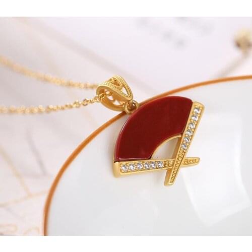 Natural Hetian Jade S925 Sterling Silver Southern Red Agate Retro Personalized Antiquity Fan Female Beautiful Classical Pendant