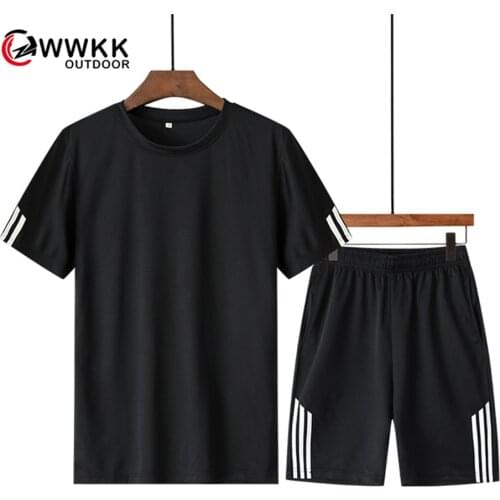New WWKK Hiking Men Summer Short-Sleeved T-Shirt Suit Breathable Sweat-Absorbent Tee Top+Two-Piece Shorts Suit Climbing T-Shirts